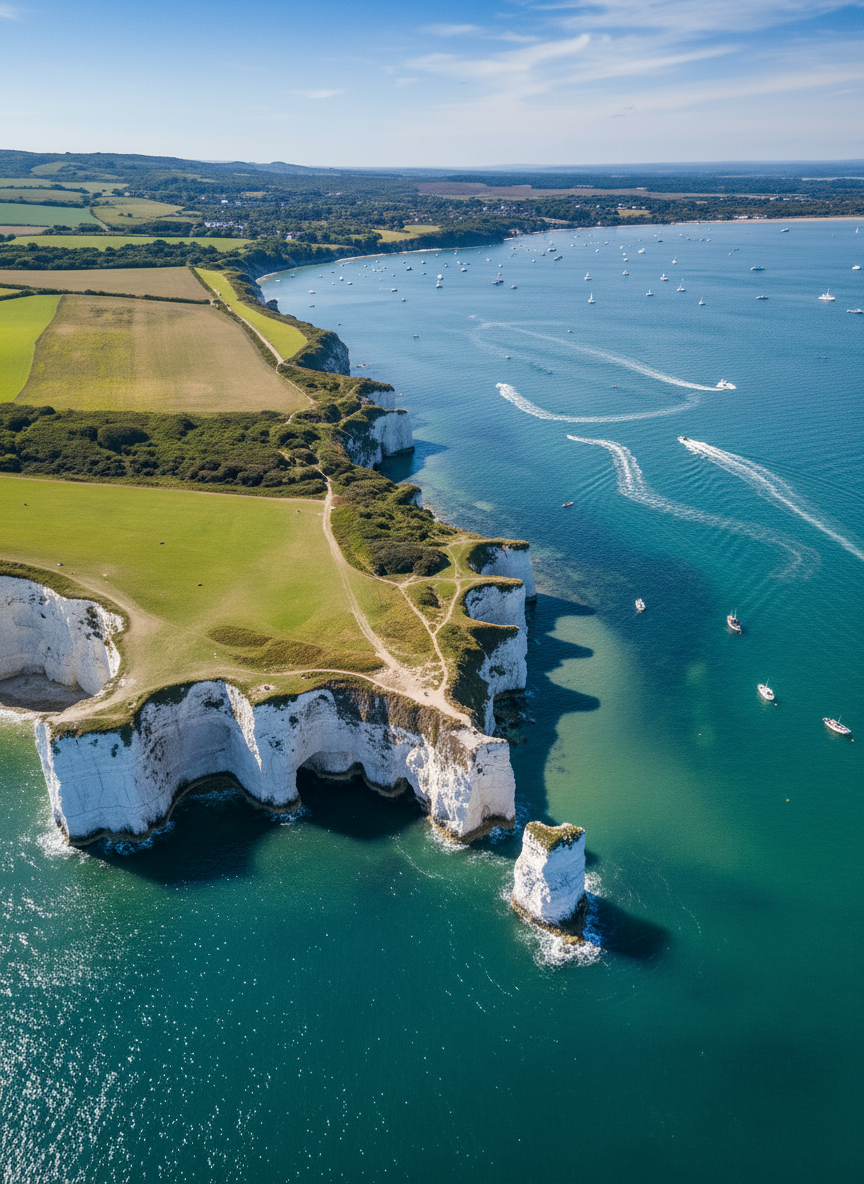 Chalk formations at Old Harry Rocks on the Jurassic Coast viewed from the sea