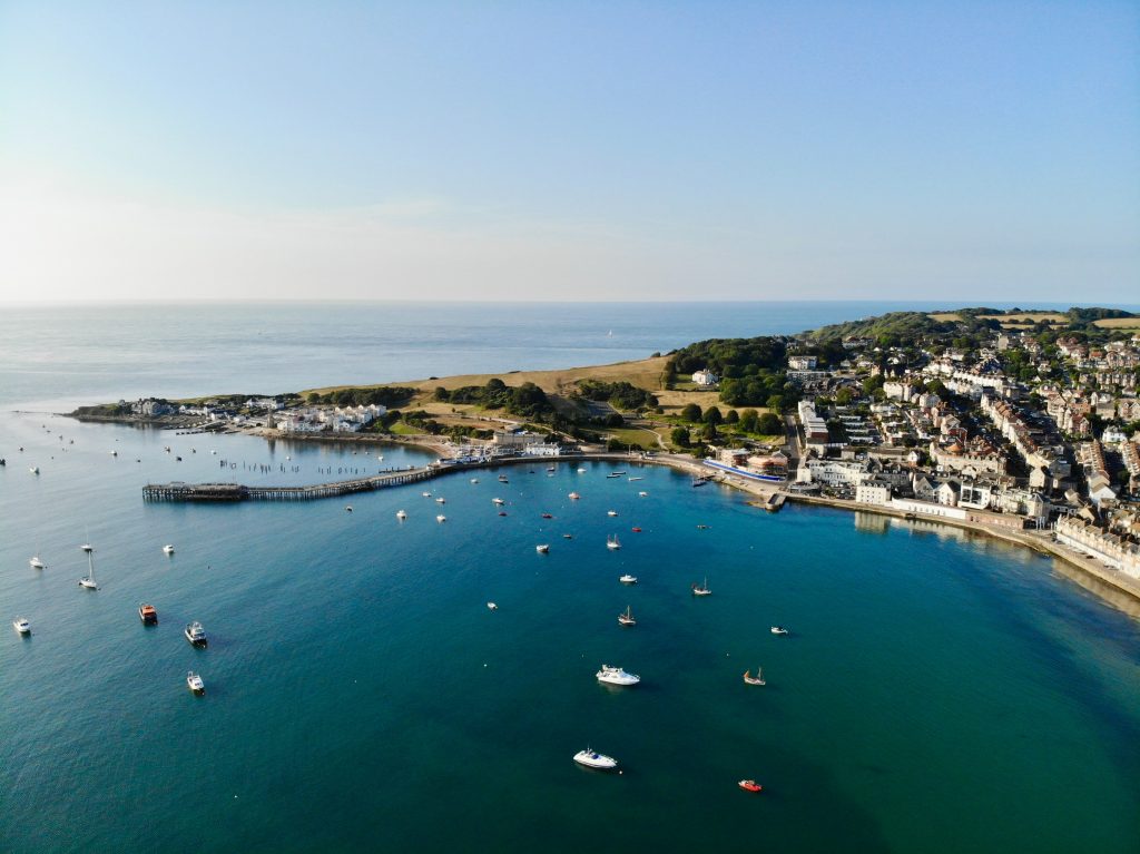 Swanage Bay seaside town and harbour on the Dorset coast, a popular yacht charter destination